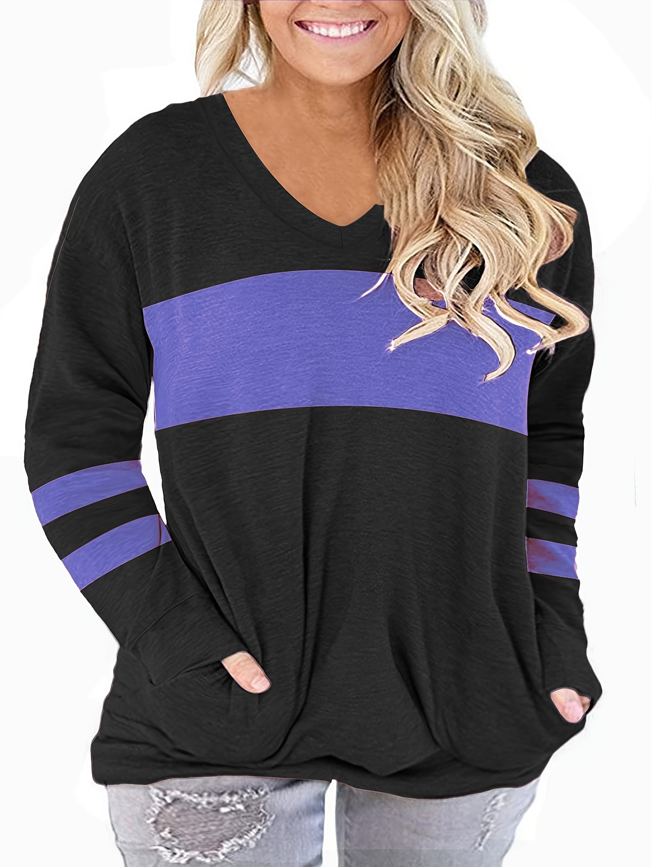 plus size casual top womens plus colorblock long sleeve v neck top with pockets details 21