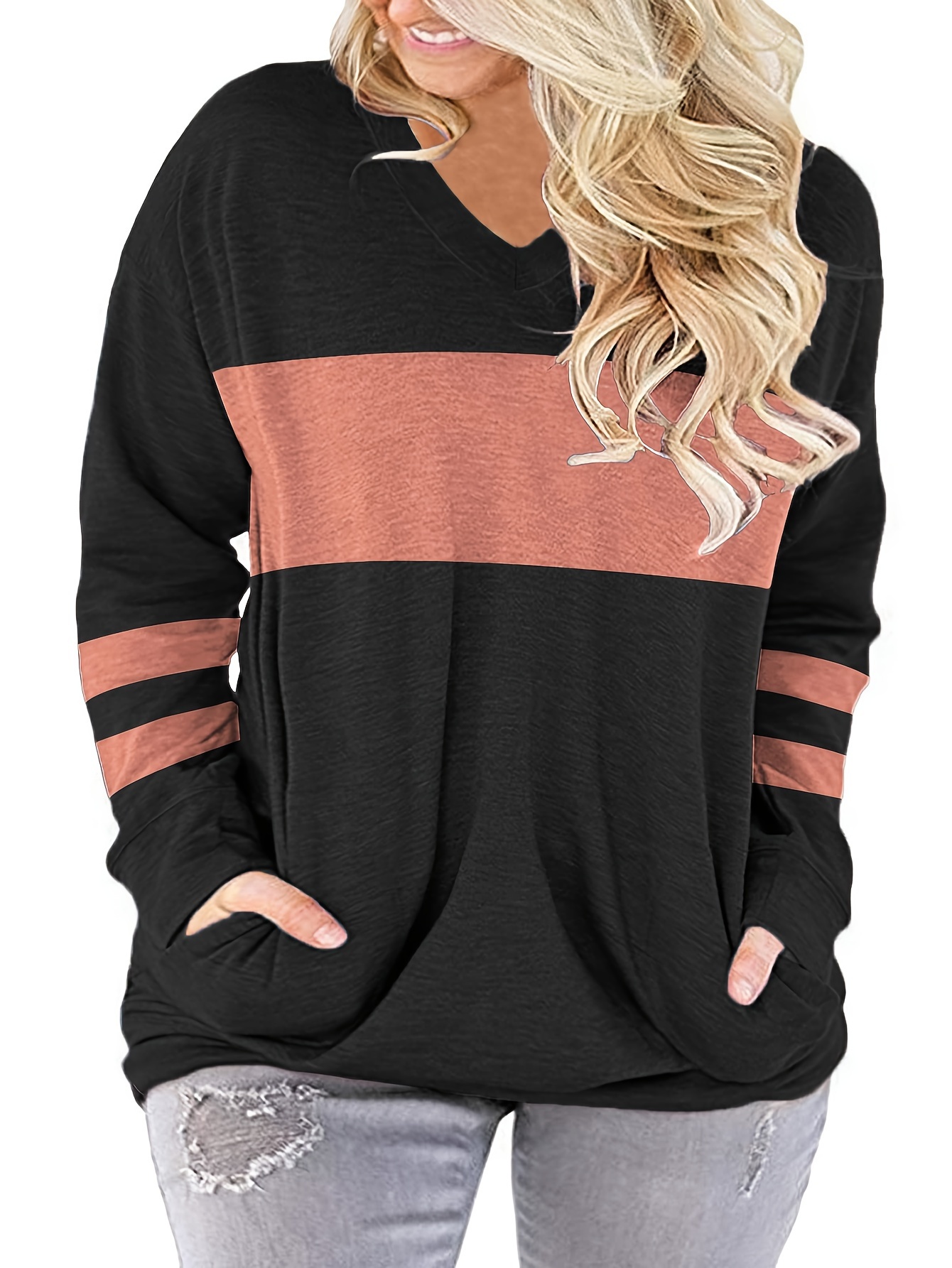 plus size casual top womens plus colorblock long sleeve v neck top with pockets details 33