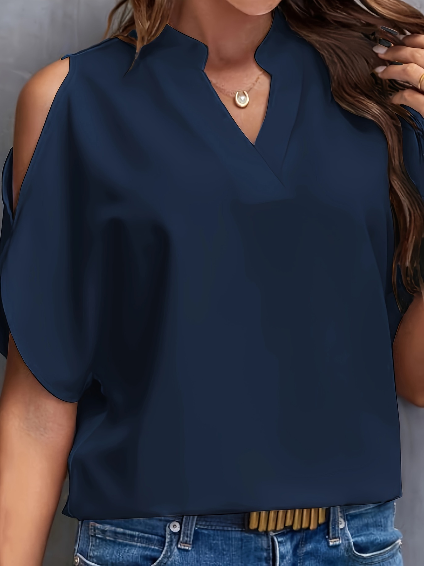 plus size cold shoulder notch neck top casual short sleeve top for spring summer womens plus size clothing details 1