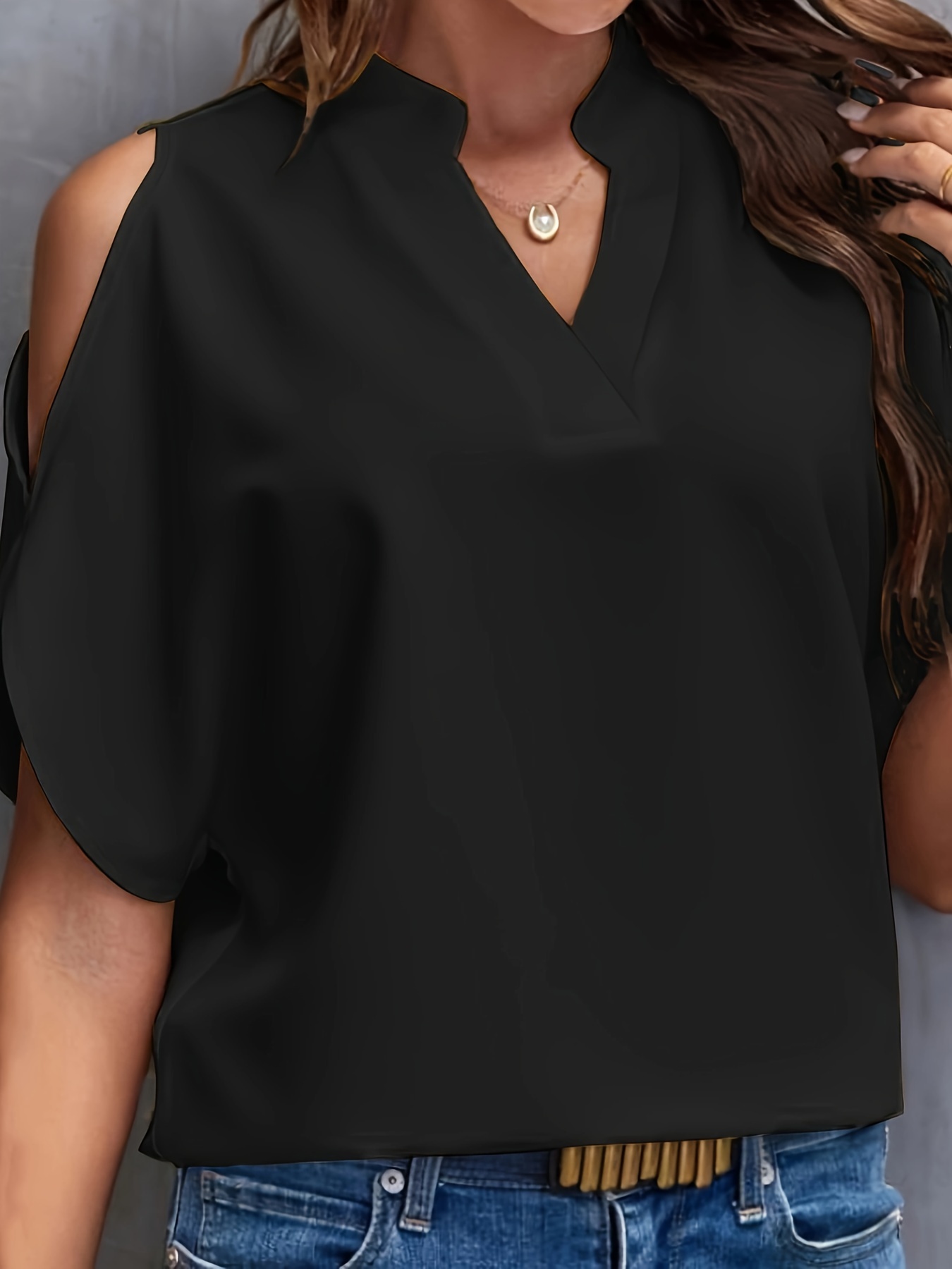 plus size cold shoulder notch neck top casual short sleeve top for spring summer womens plus size clothing details 19