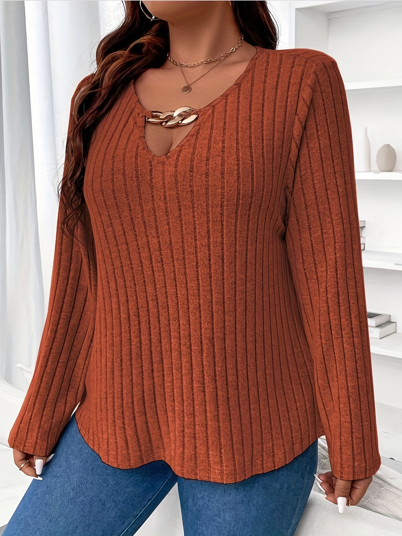 plus size casual top womens plus solid ribbed cut out metal decor long sleeve round neck slight stretch top details 3