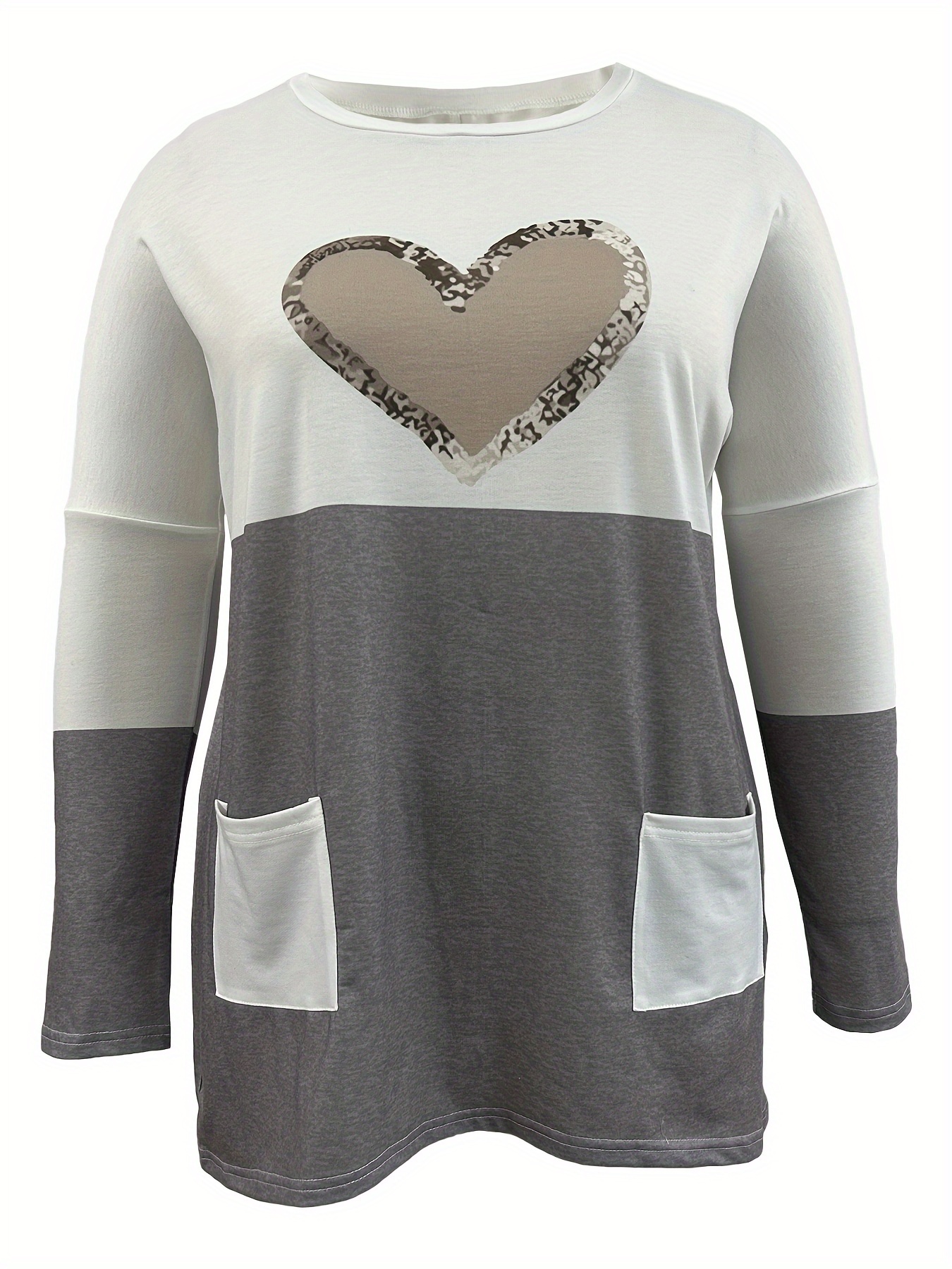 plus size casual t shirt womens plus colorblock heart print drop shoulder long sleeve round neck tunic t shirt with pockets details 1