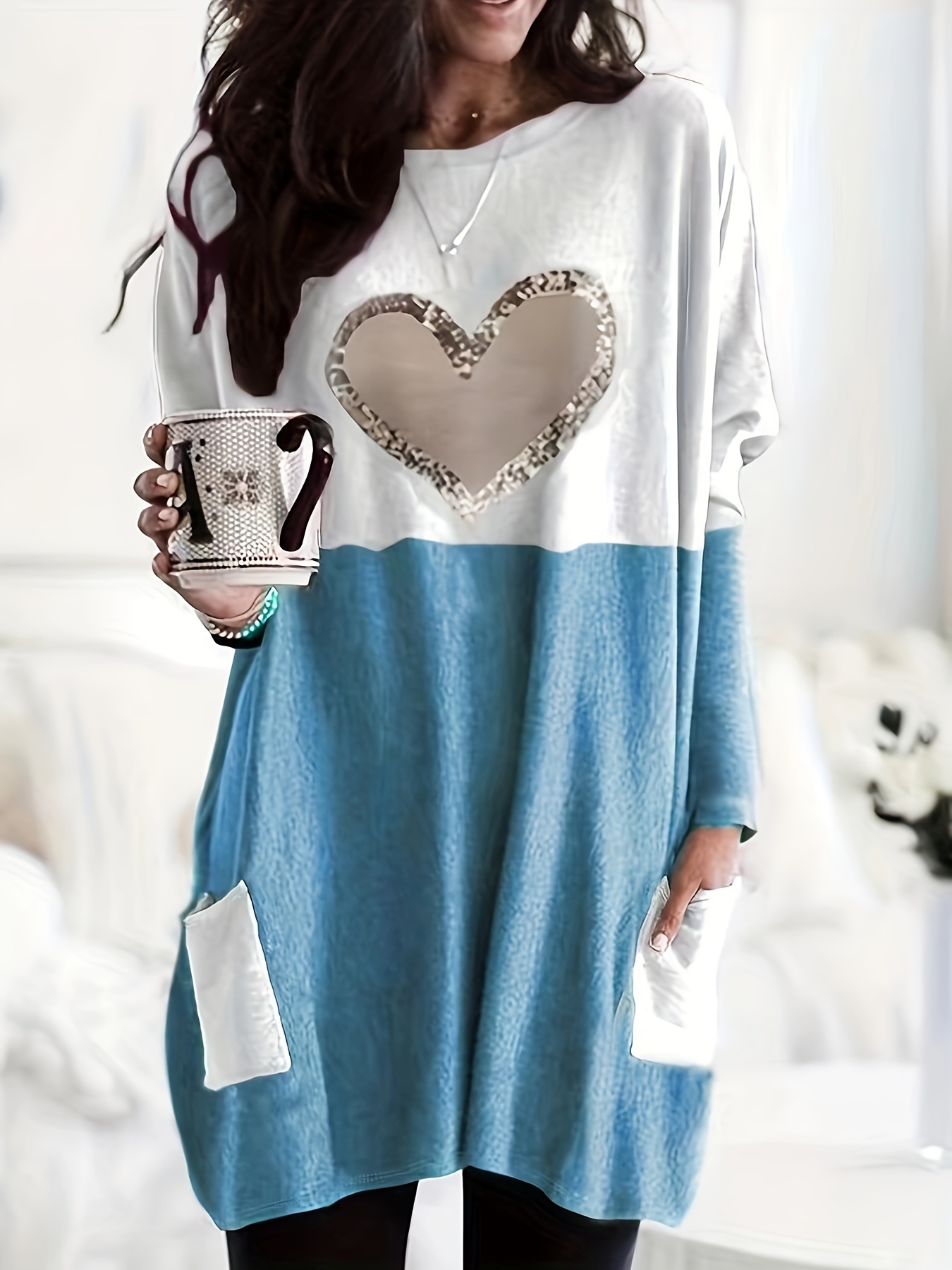 plus size casual t shirt womens plus colorblock heart print drop shoulder long sleeve round neck tunic t shirt with pockets details 3