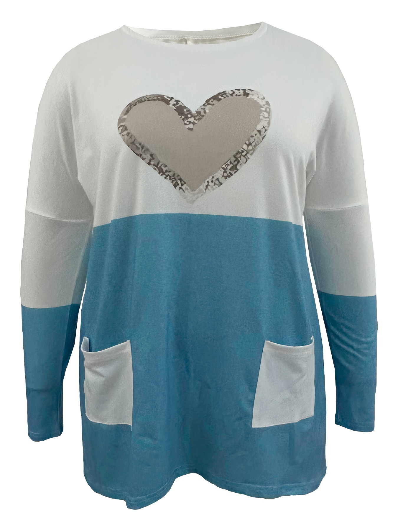 plus size casual t shirt womens plus colorblock heart print drop shoulder long sleeve round neck tunic t shirt with pockets details 4