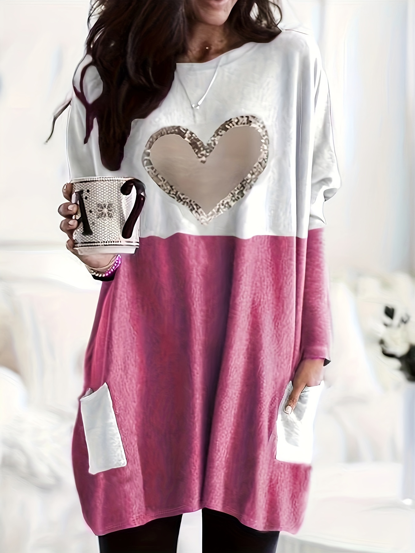 plus size casual t shirt womens plus colorblock heart print drop shoulder long sleeve round neck tunic t shirt with pockets details 6