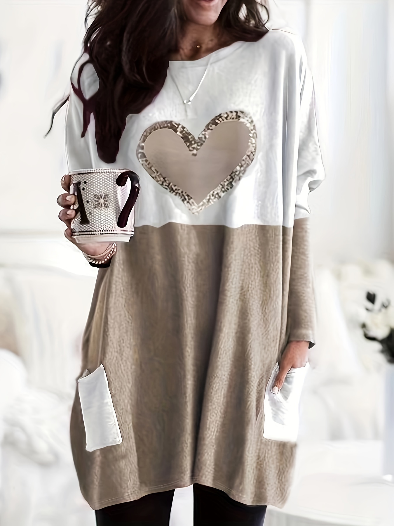 plus size casual t shirt womens plus colorblock heart print drop shoulder long sleeve round neck tunic t shirt with pockets details 10