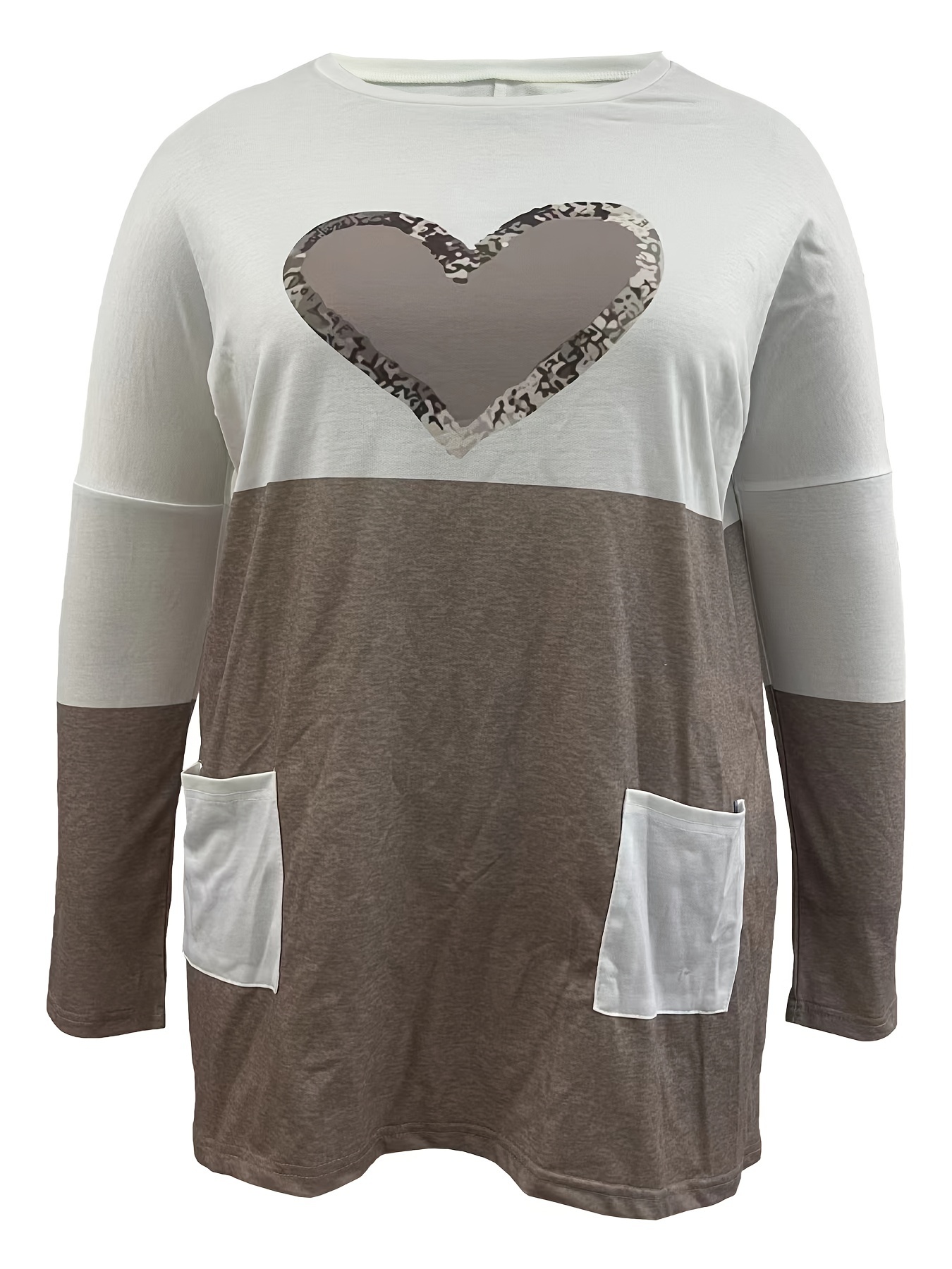 plus size casual t shirt womens plus colorblock heart print drop shoulder long sleeve round neck tunic t shirt with pockets details 11