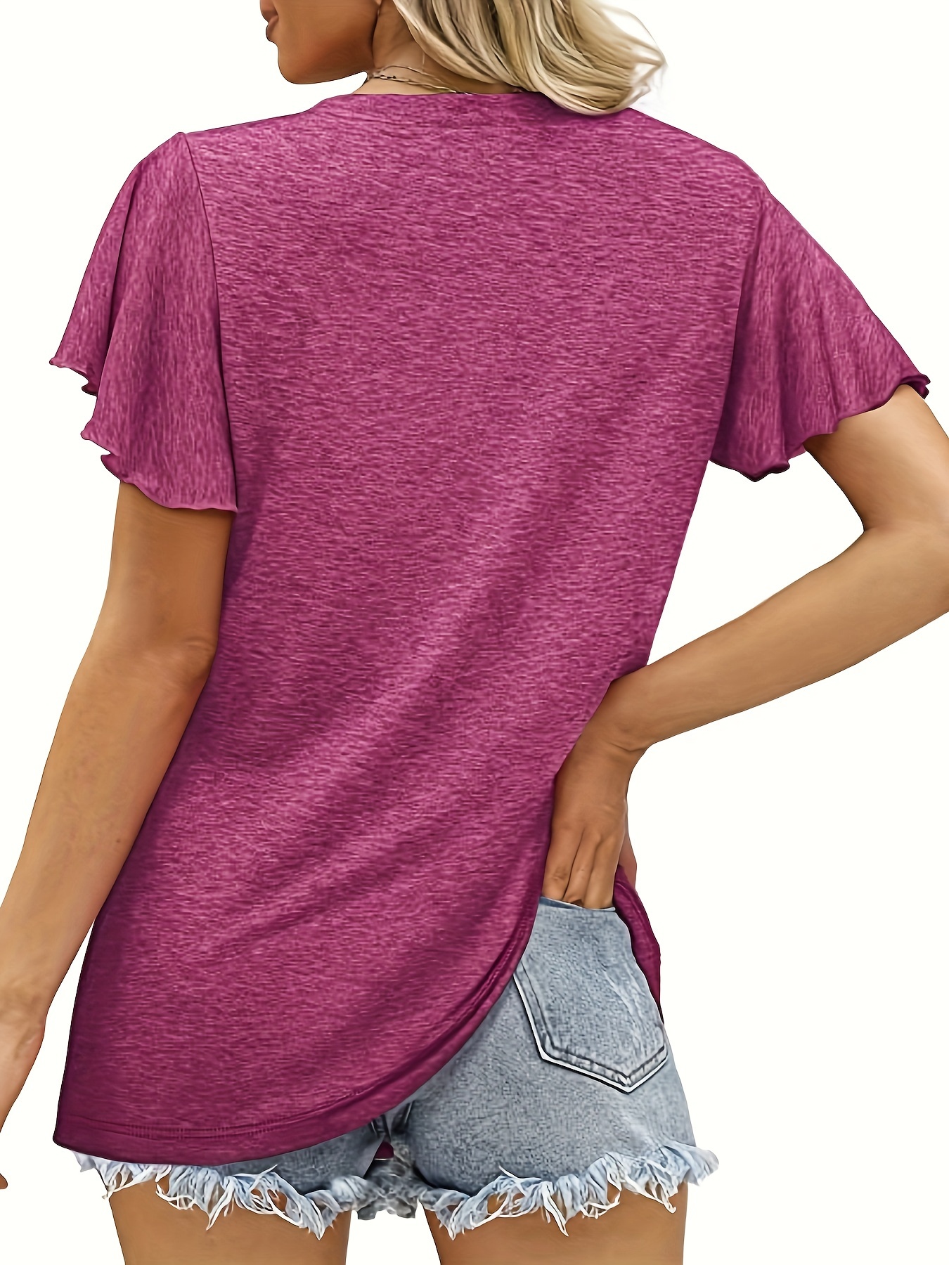 plus size casual t shirt womens plus solid flutter sleeve v neck medium stretch ruched t shirt details 1