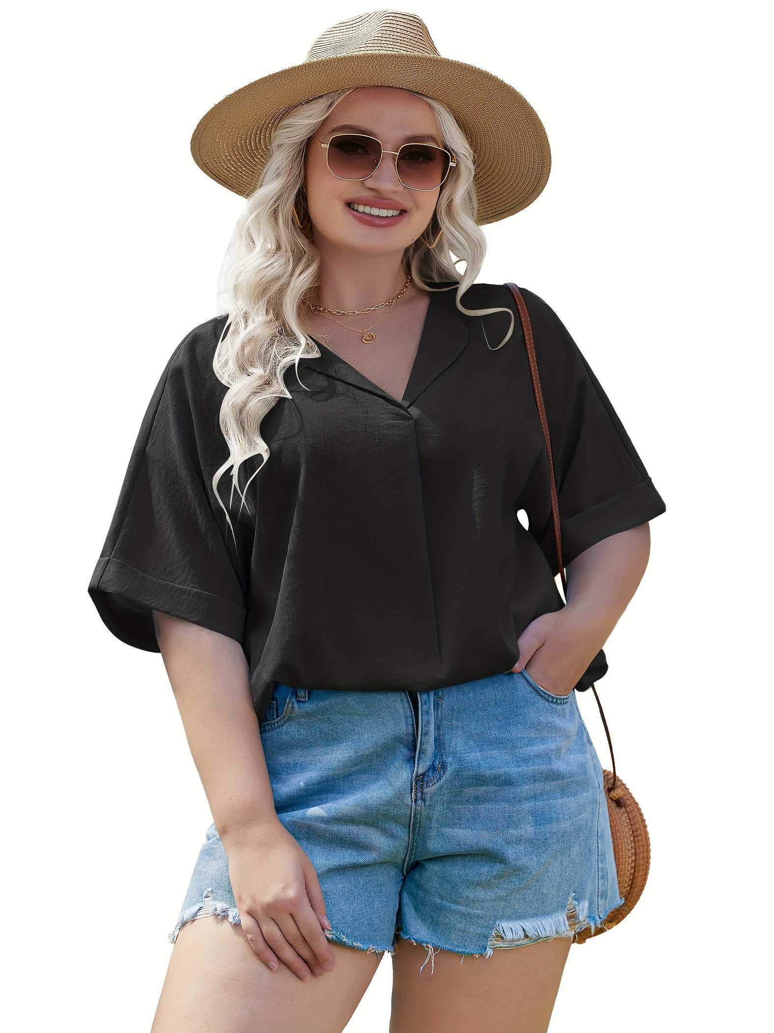 womens plus size blouse v neck shirt short sleeve casual formal summer office tops details 9