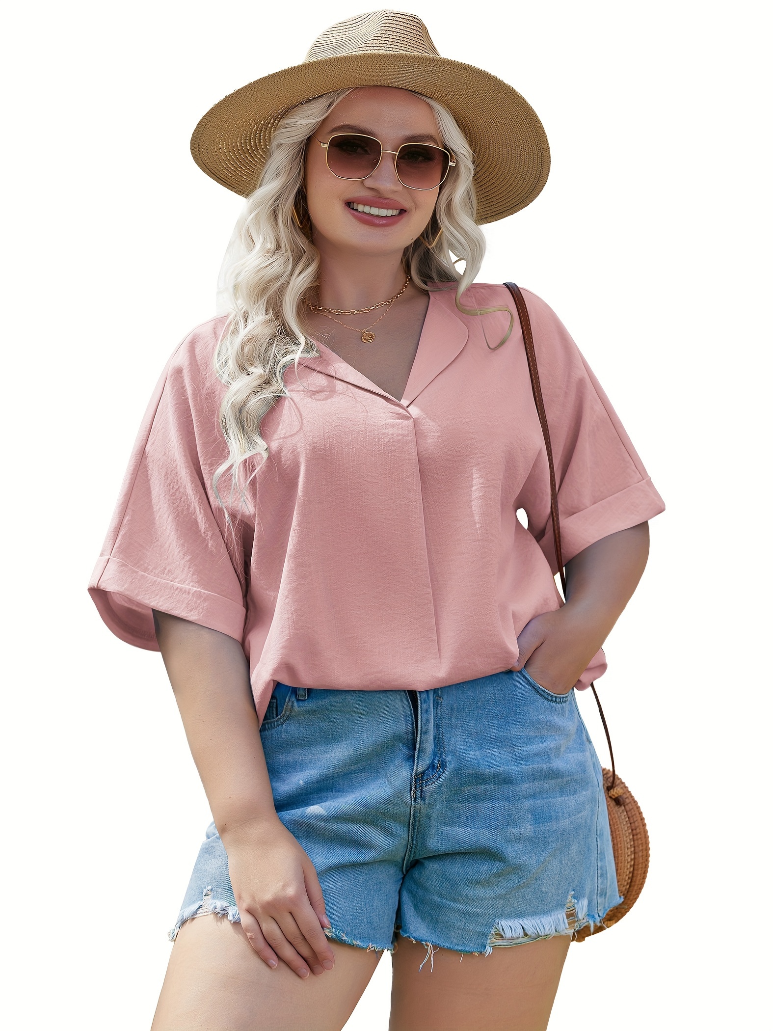 womens plus size blouse v neck shirt short sleeve casual formal summer office tops details 16