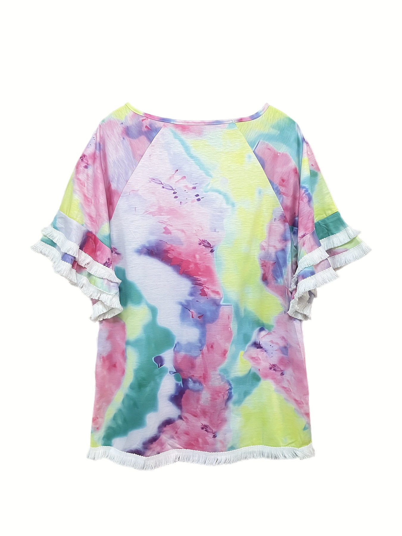 plus size boho t shirt womens plus leopard print layered sleeve fringe trim crew neck tee details 4