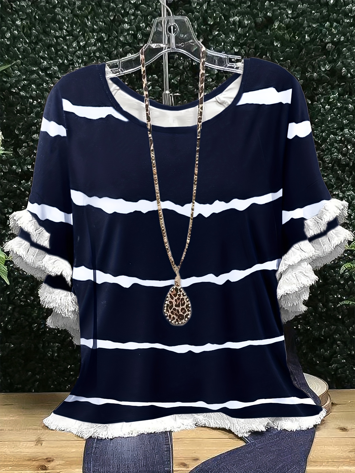 plus size boho t shirt womens plus leopard print layered sleeve fringe trim crew neck tee details 5