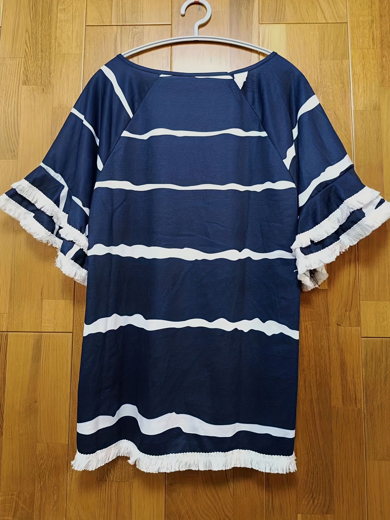 plus size boho t shirt womens plus leopard print layered sleeve fringe trim crew neck tee details 6