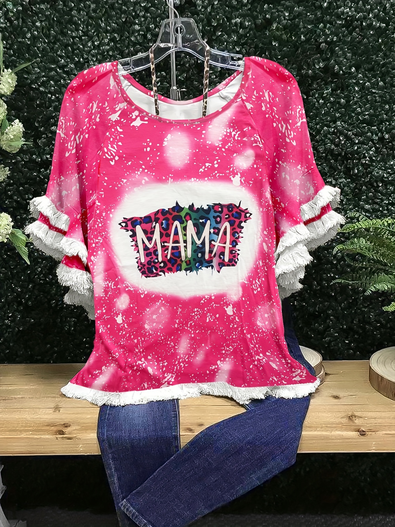 plus size boho t shirt womens plus leopard print layered sleeve fringe trim crew neck tee details 25