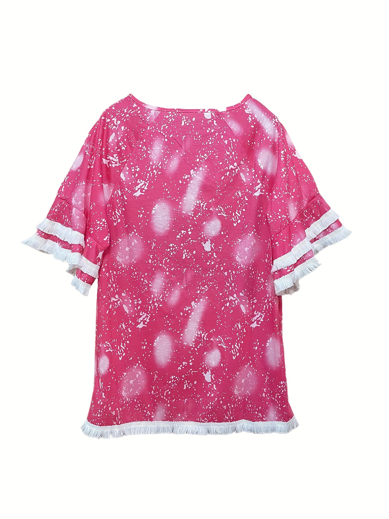 plus size boho t shirt womens plus leopard print layered sleeve fringe trim crew neck tee details 27
