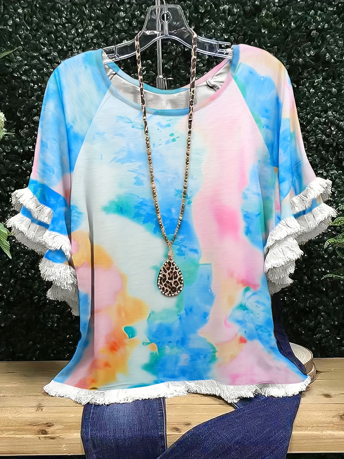 plus size boho t shirt womens plus leopard print layered sleeve fringe trim crew neck tee details 36