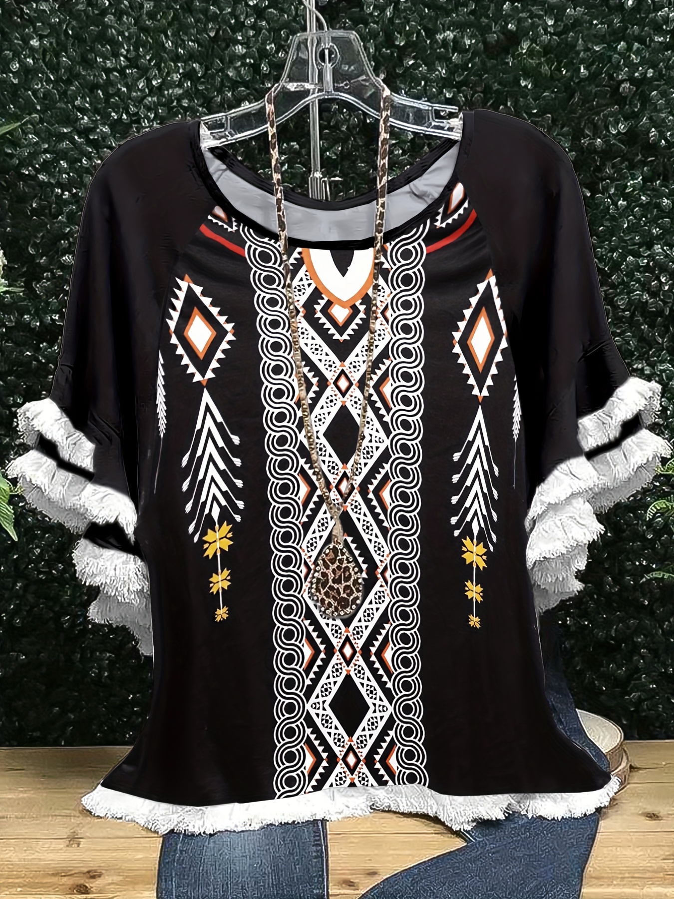 plus size boho t shirt womens plus leopard print layered sleeve fringe trim crew neck tee details 41