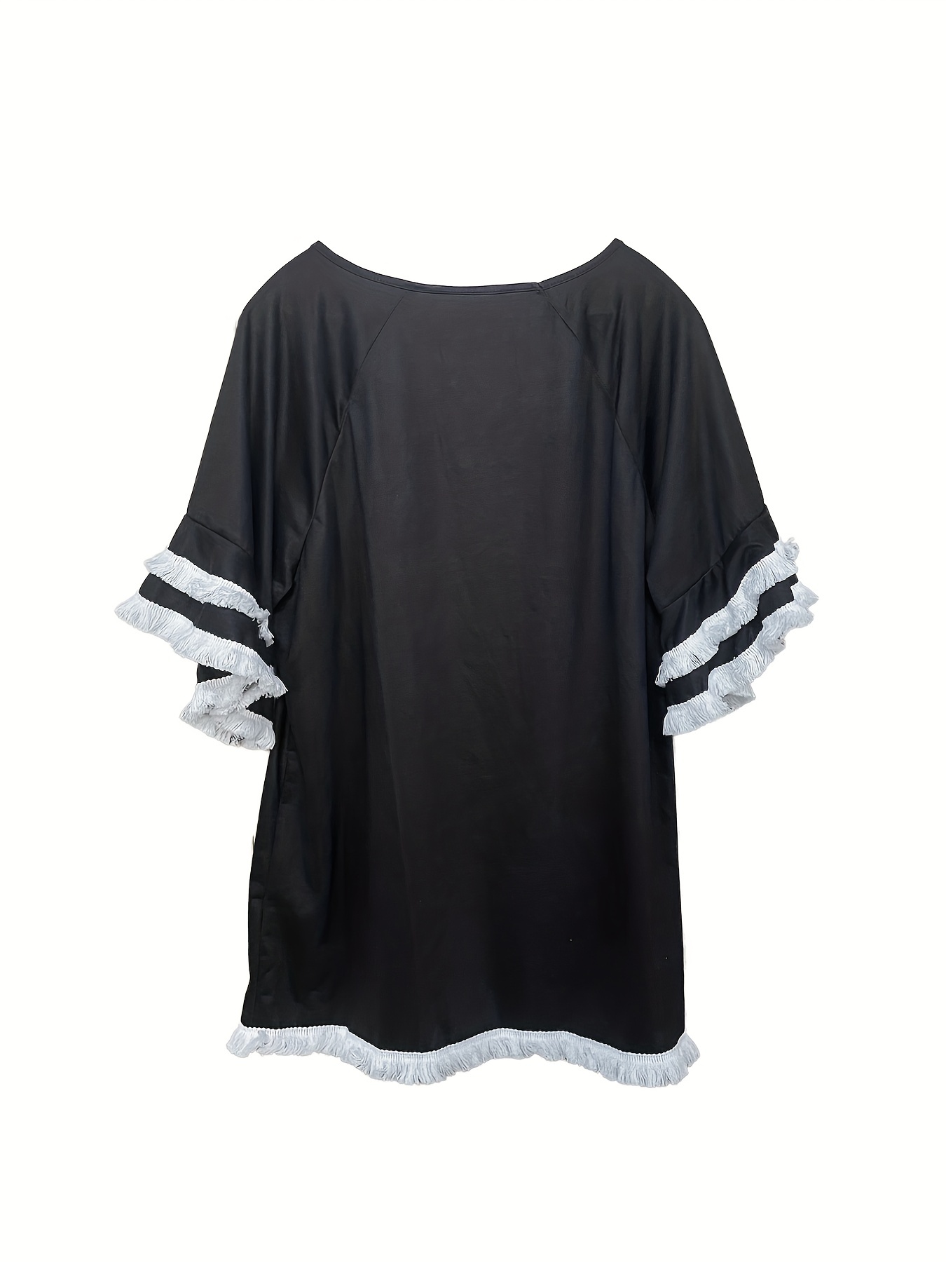 plus size boho t shirt womens plus leopard print layered sleeve fringe trim crew neck tee details 45