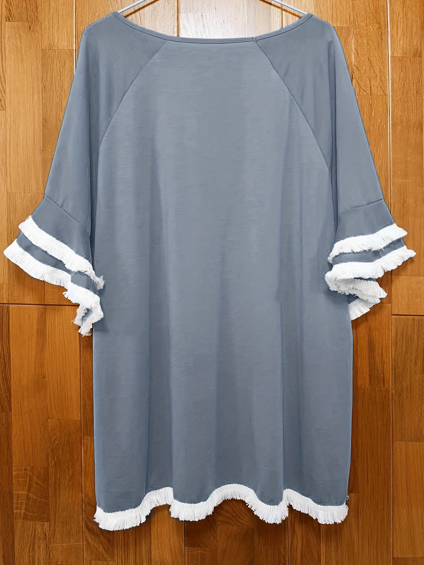 plus size boho t shirt womens plus leopard print layered sleeve fringe trim crew neck tee details 52