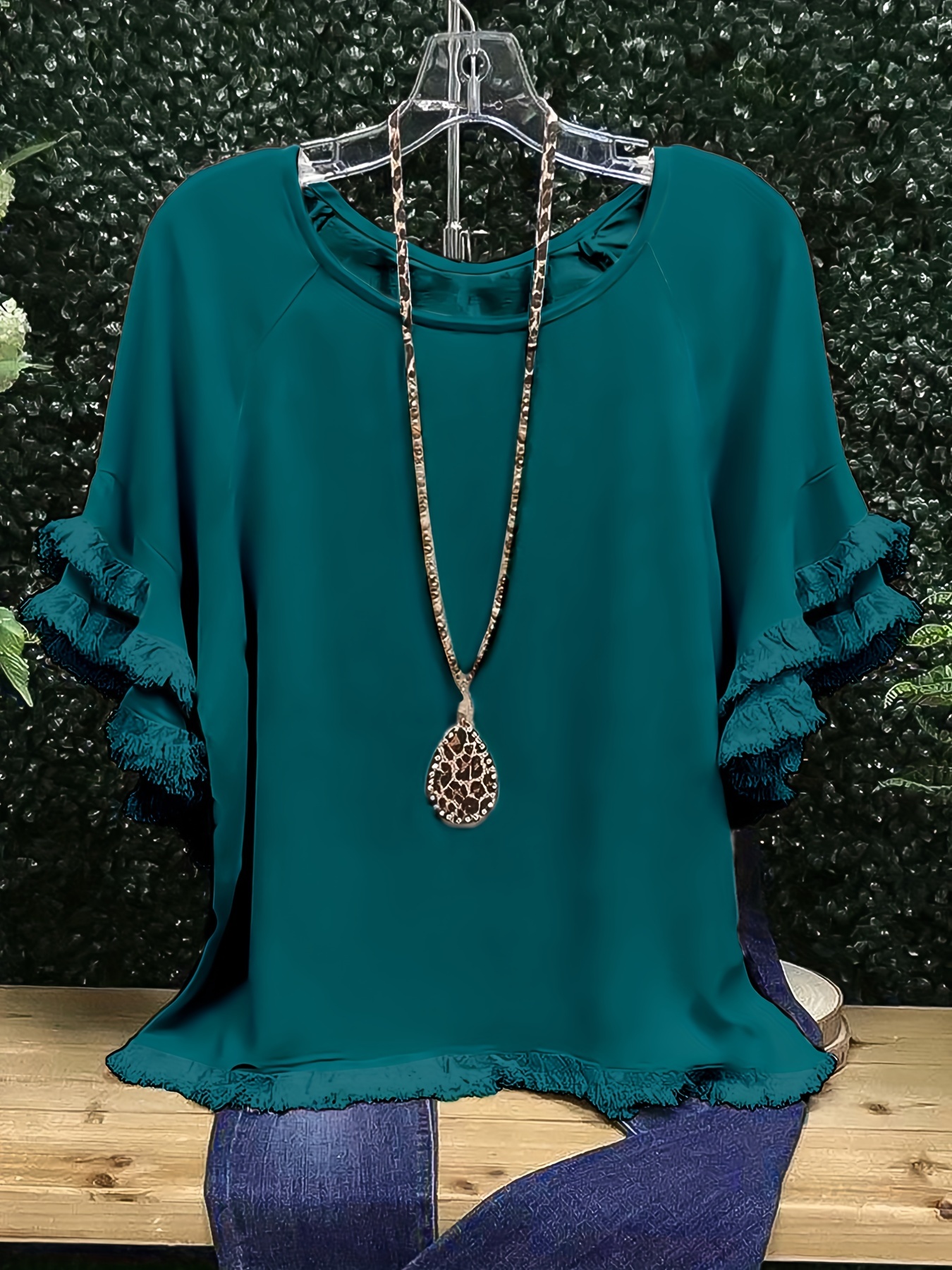 plus size boho t shirt womens plus leopard print layered sleeve fringe trim crew neck tee details 56