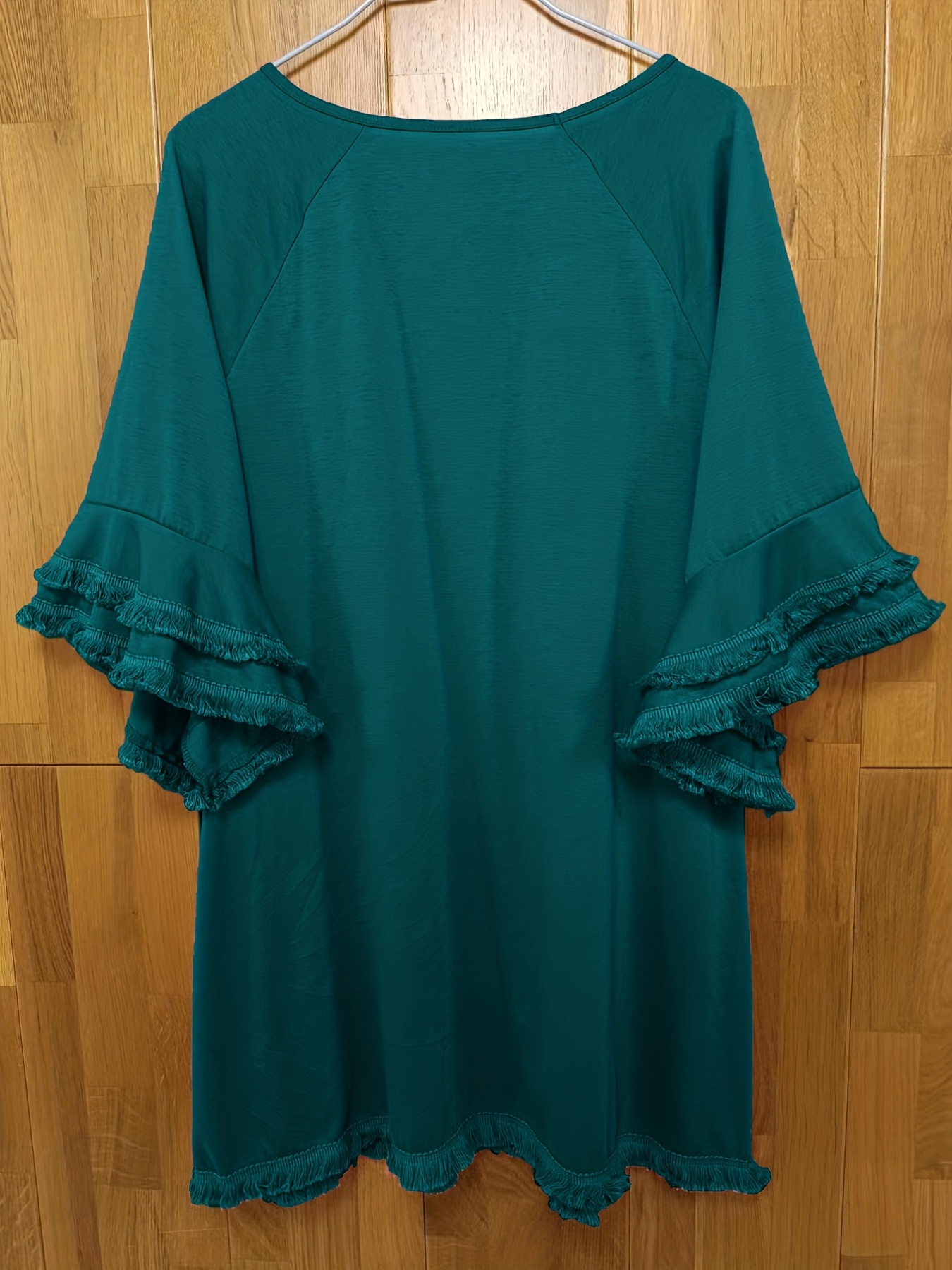 plus size boho t shirt womens plus leopard print layered sleeve fringe trim crew neck tee details 57