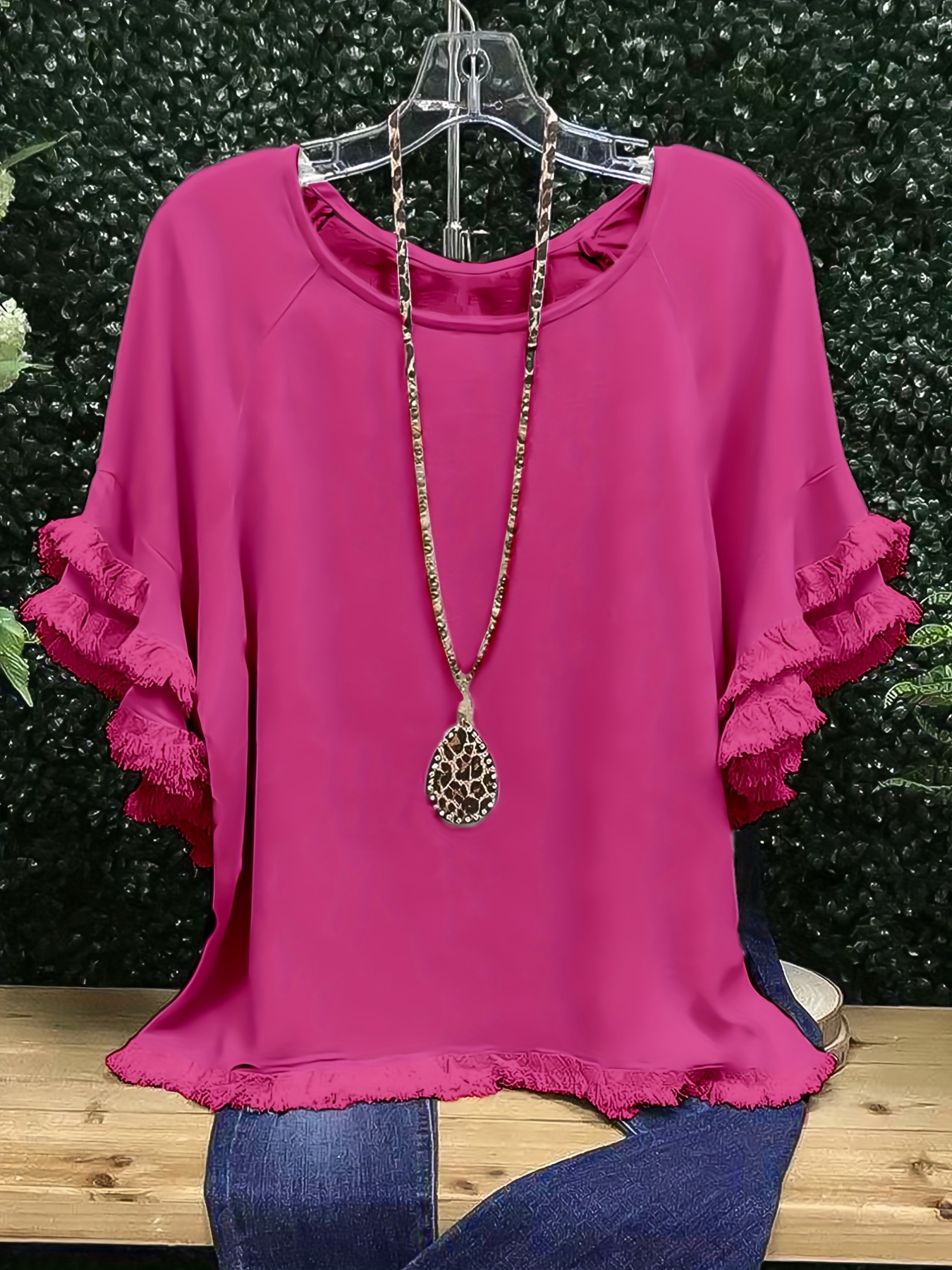 plus size boho t shirt womens plus leopard print layered sleeve fringe trim crew neck tee details 61