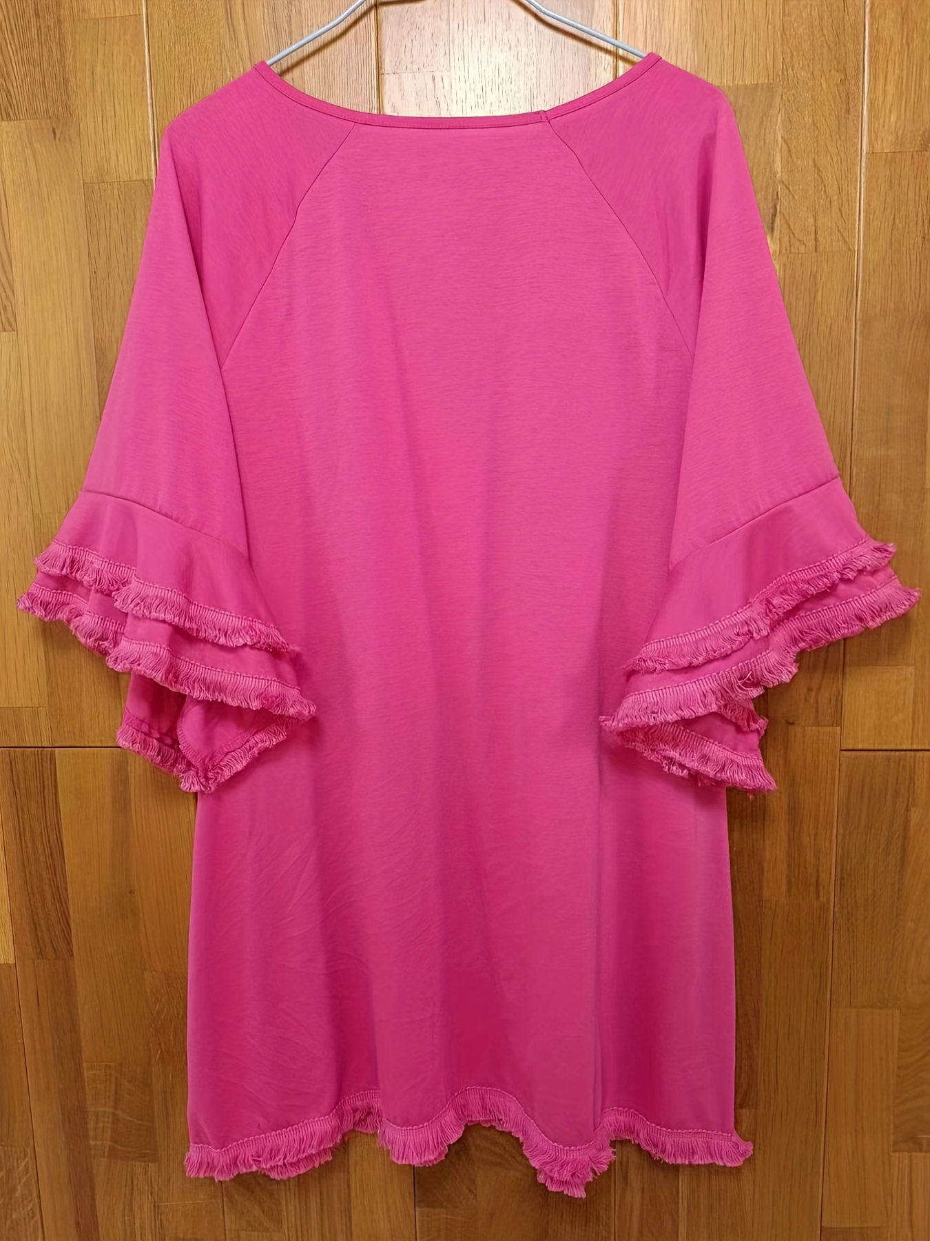 plus size boho t shirt womens plus leopard print layered sleeve fringe trim crew neck tee details 62