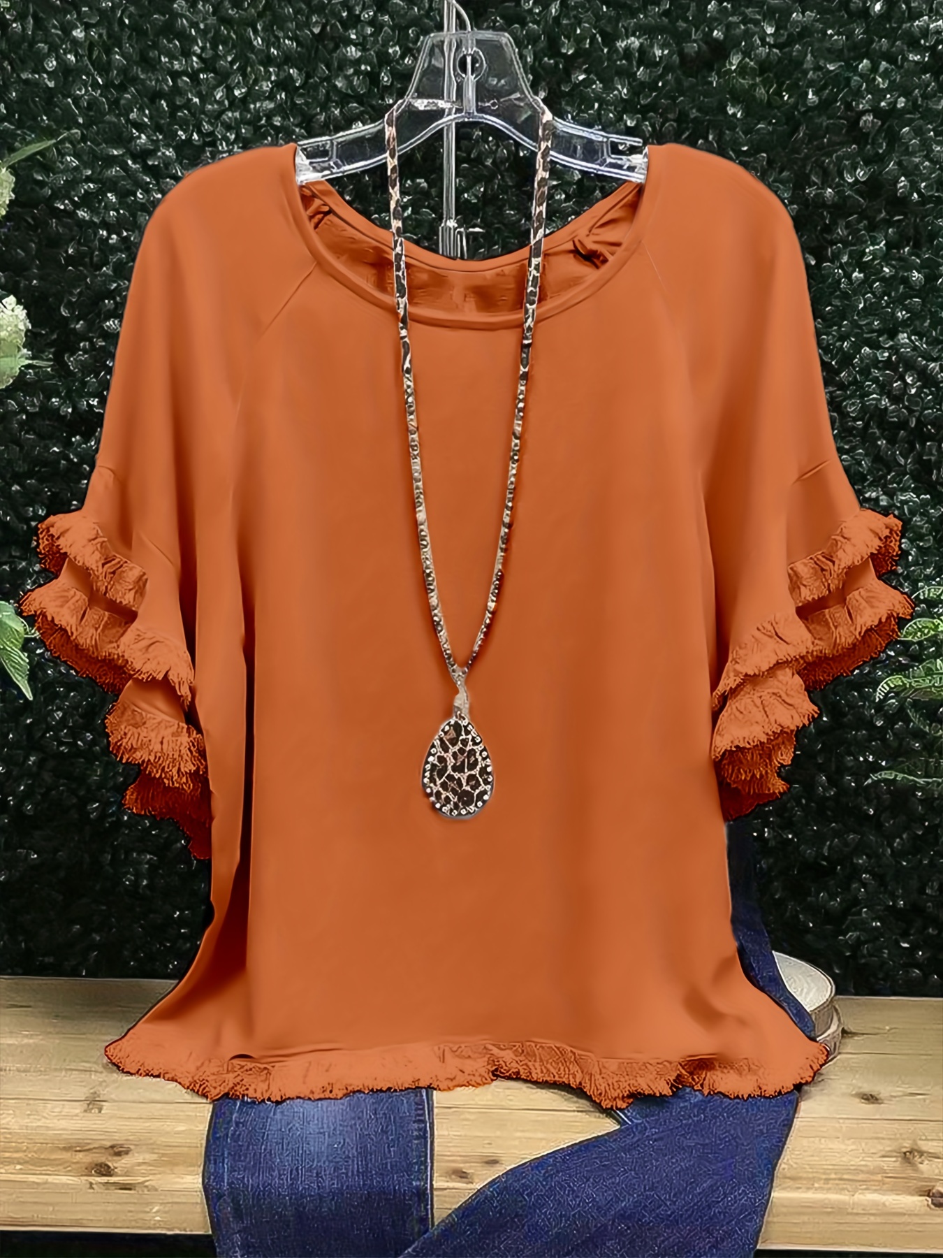 plus size boho t shirt womens plus leopard print layered sleeve fringe trim crew neck tee details 66