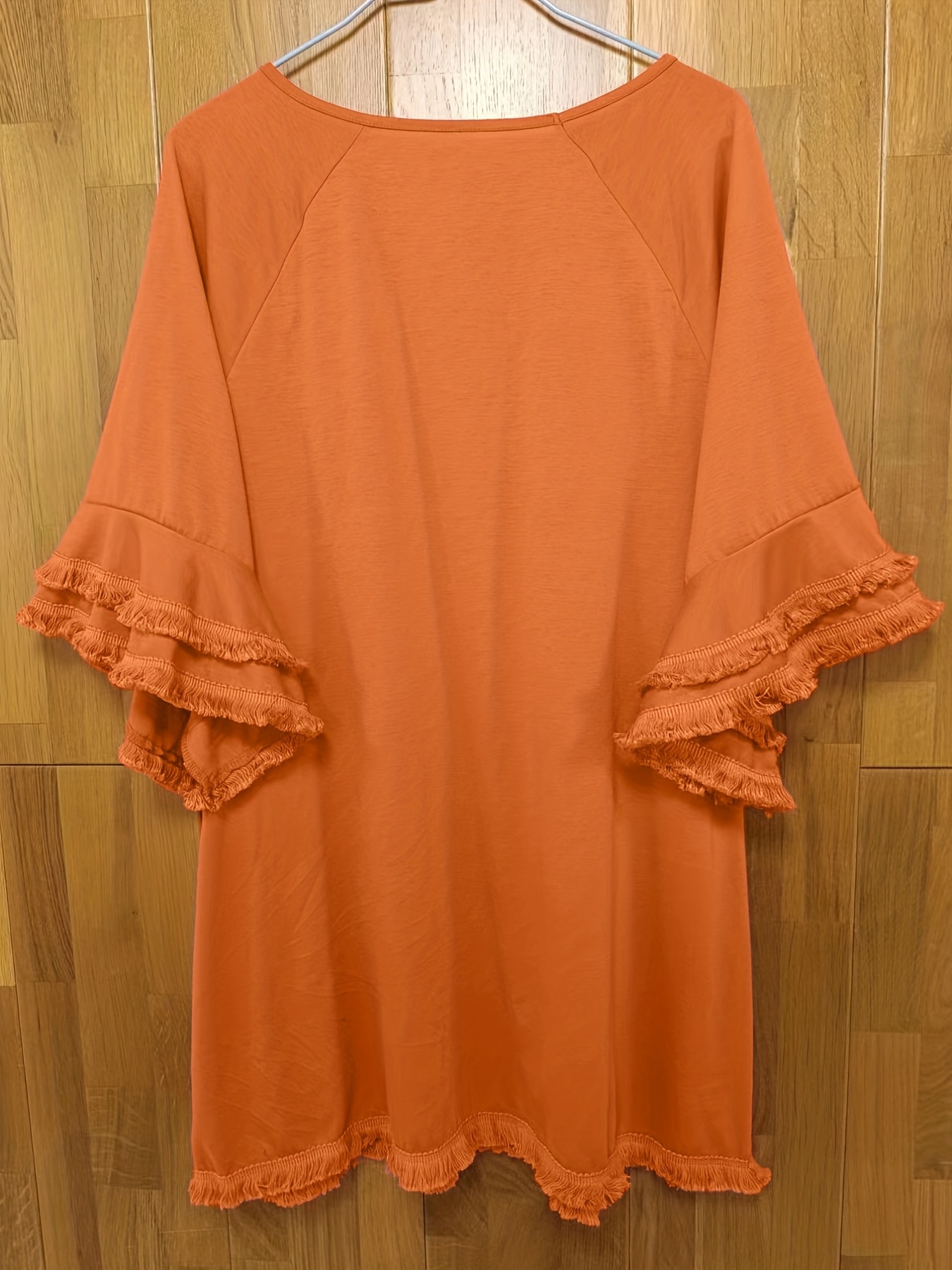 plus size boho t shirt womens plus leopard print layered sleeve fringe trim crew neck tee details 67