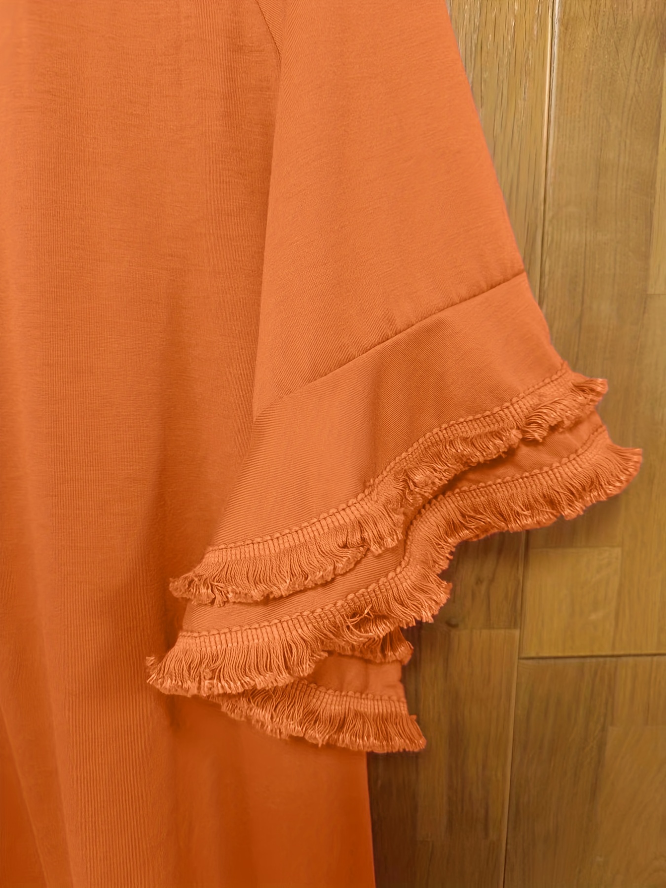 plus size boho t shirt womens plus leopard print layered sleeve fringe trim crew neck tee details 68