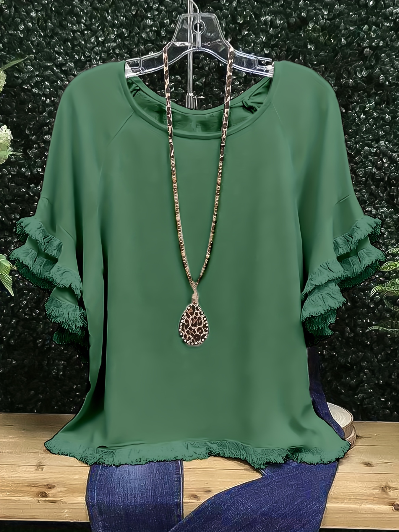 plus size boho t shirt womens plus leopard print layered sleeve fringe trim crew neck tee details 71