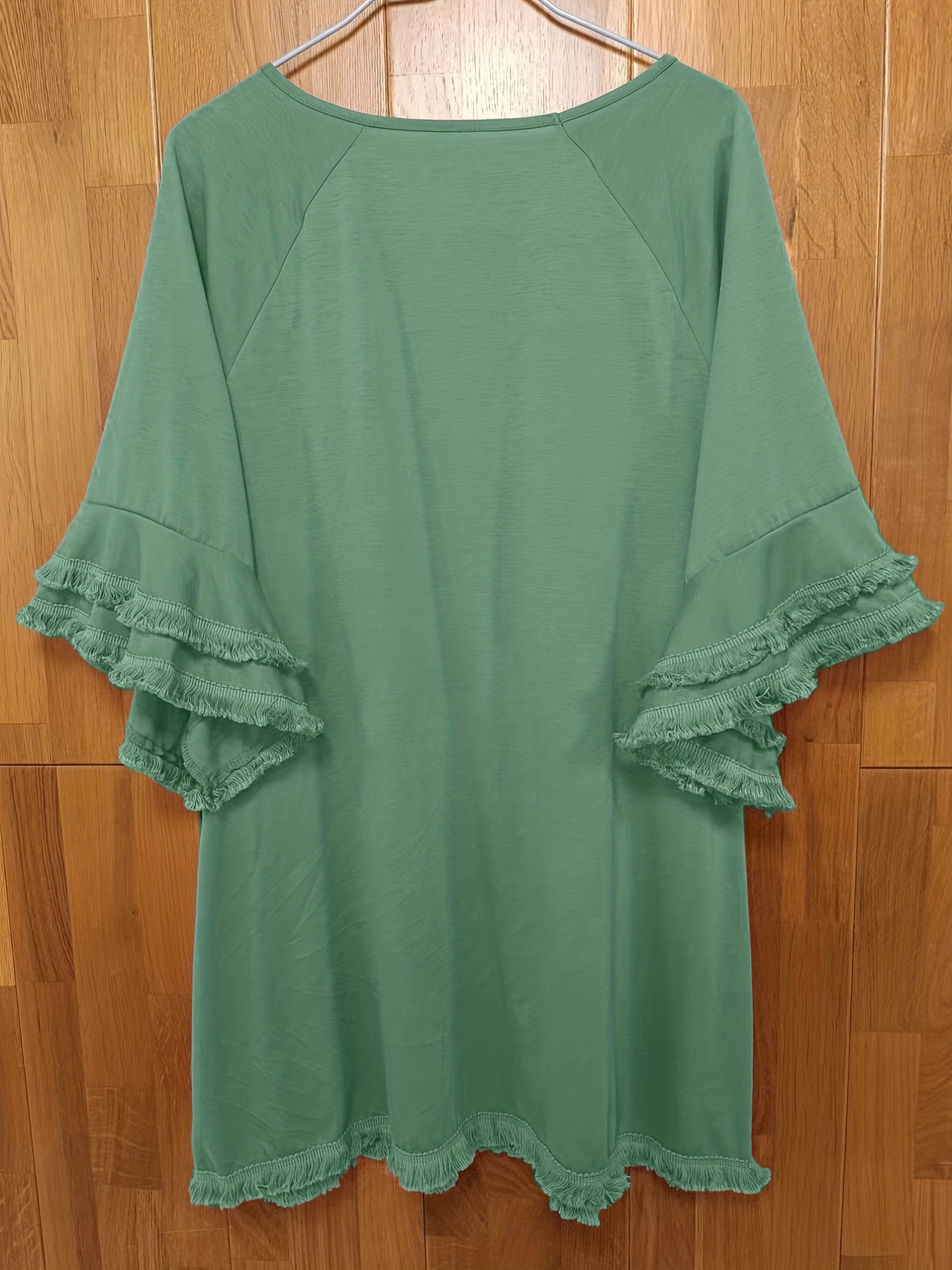 plus size boho t shirt womens plus leopard print layered sleeve fringe trim crew neck tee details 72