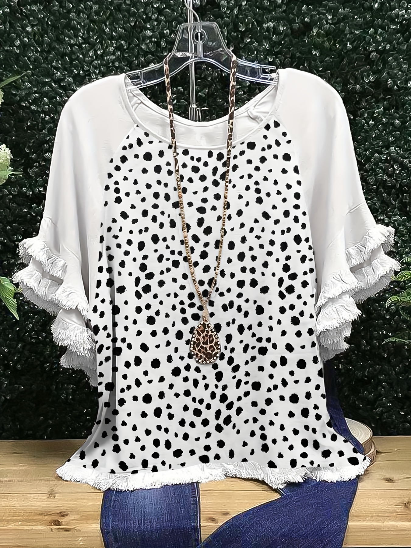 plus size boho t shirt womens plus leopard print layered sleeve fringe trim crew neck tee details 81