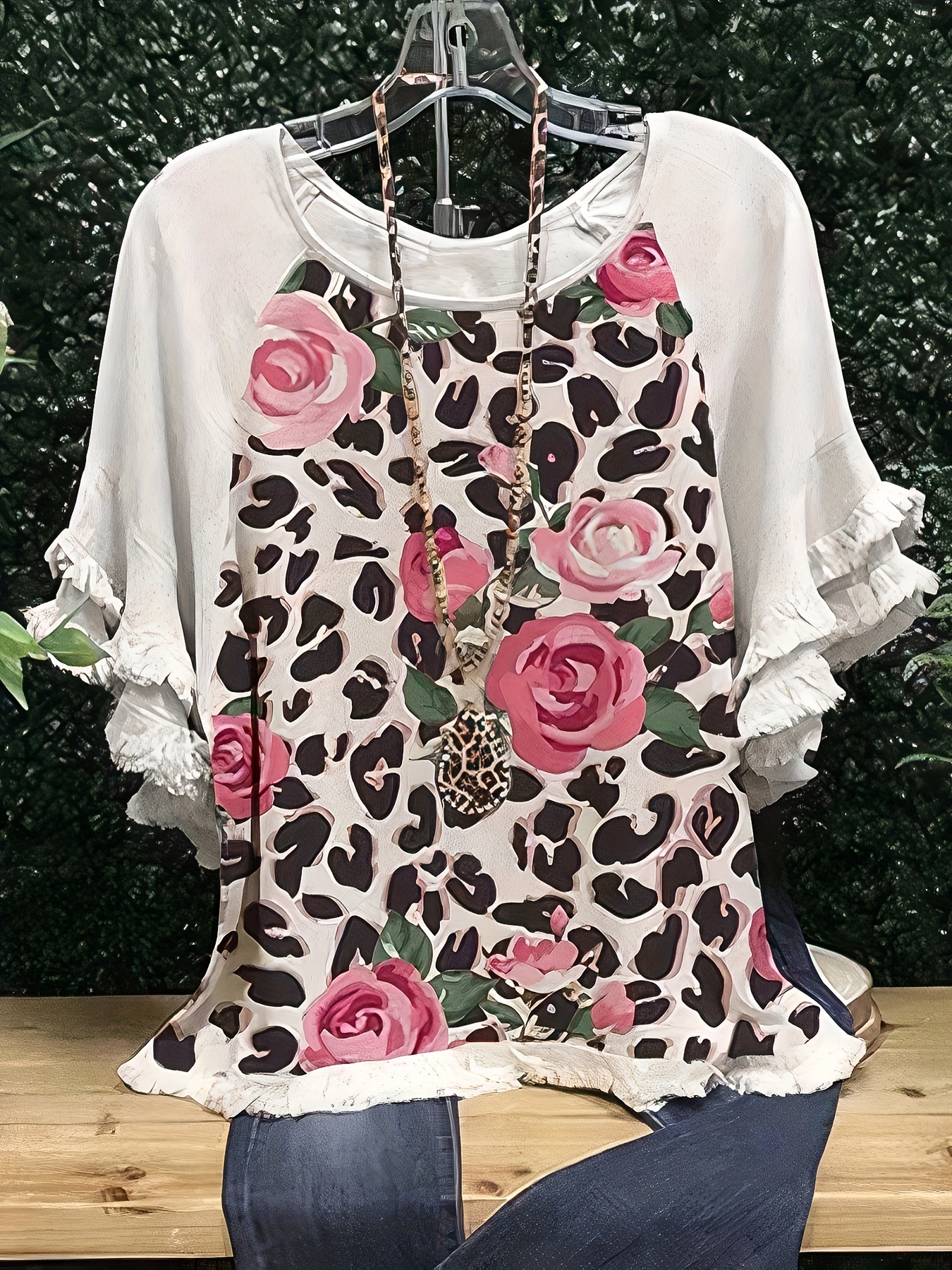 plus size boho t shirt womens plus leopard print layered sleeve fringe trim crew neck tee details 86