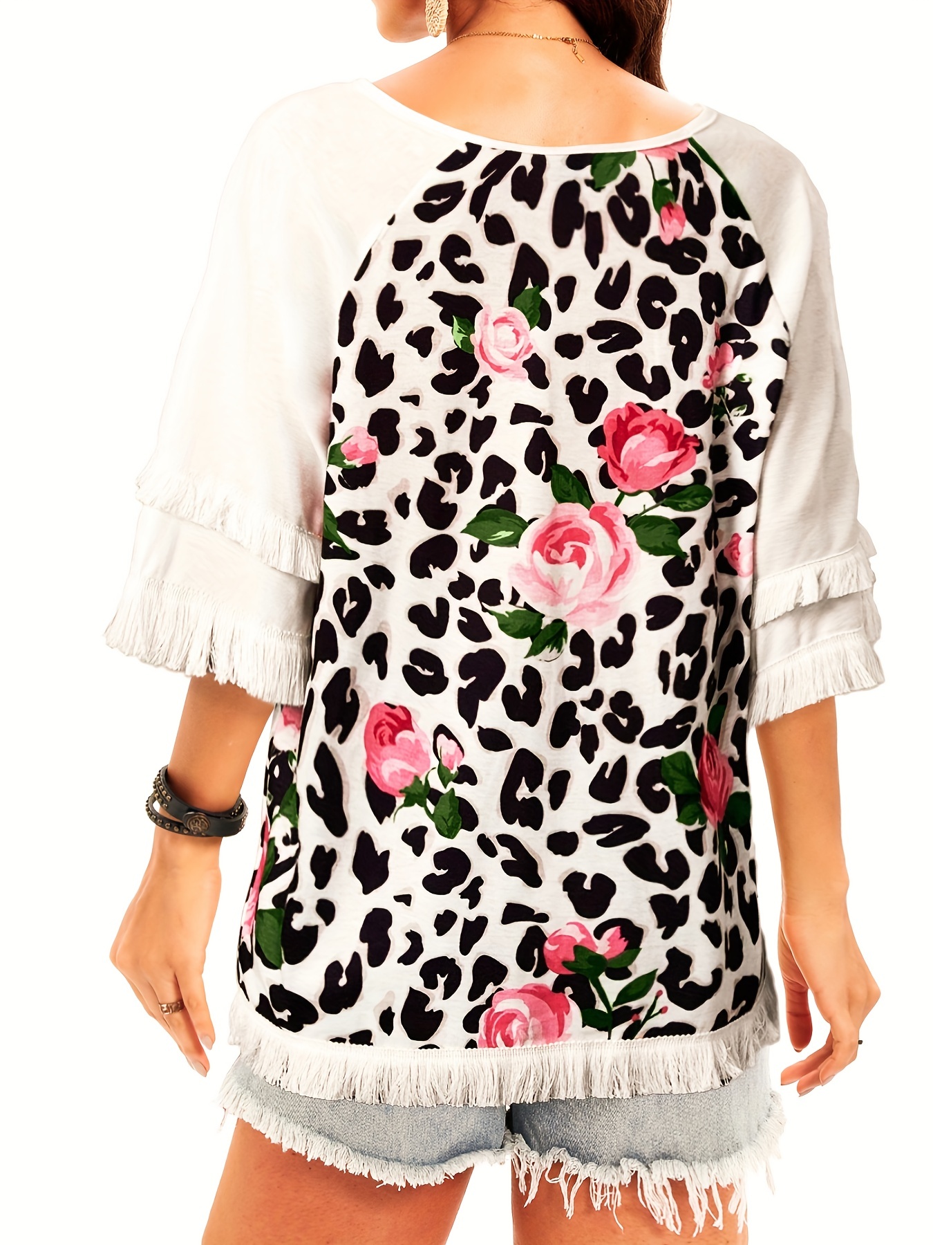 plus size boho t shirt womens plus leopard print layered sleeve fringe trim crew neck tee details 87