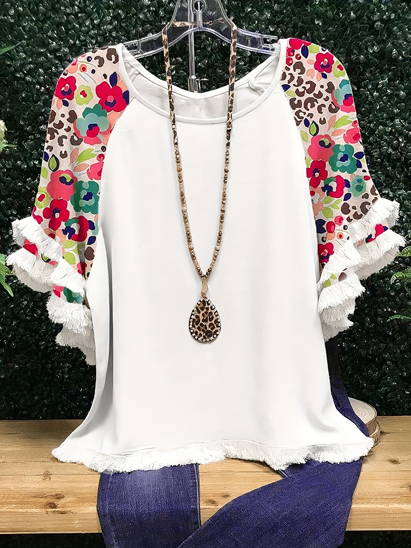 plus size boho t shirt womens plus leopard print layered sleeve fringe trim crew neck tee details 92