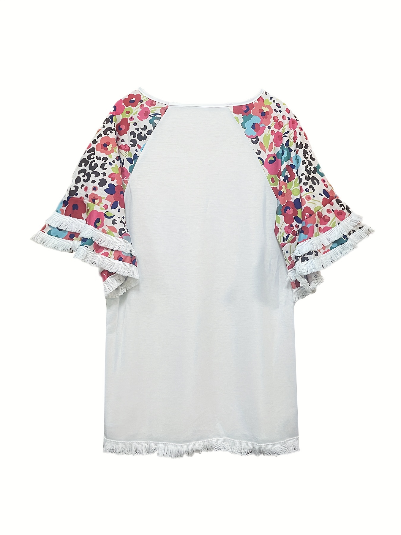 plus size boho t shirt womens plus leopard print layered sleeve fringe trim crew neck tee details 95