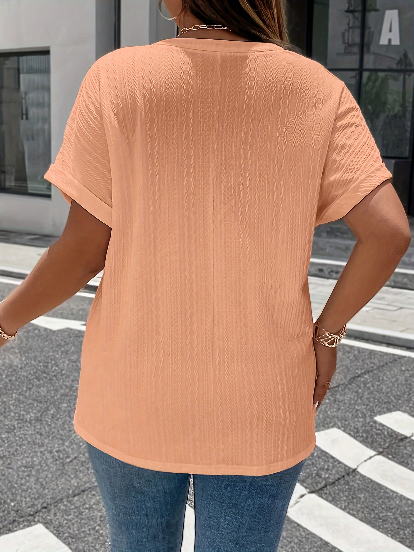 plus size solid textured t shirt casual v neck short sleeve t shirt womens plus size clothing details 2
