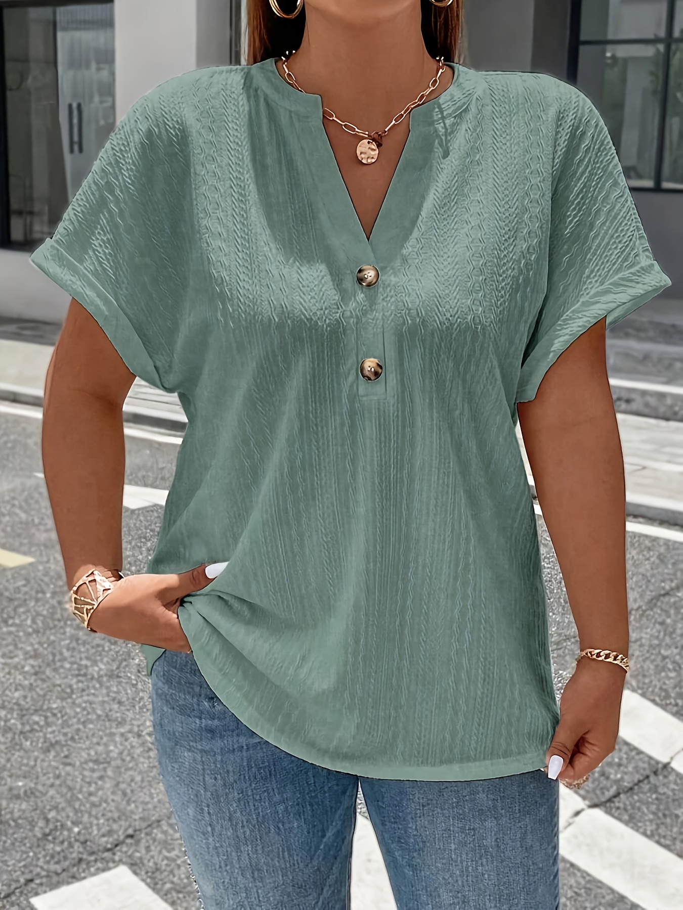 plus size solid textured t shirt casual v neck short sleeve t shirt womens plus size clothing details 3