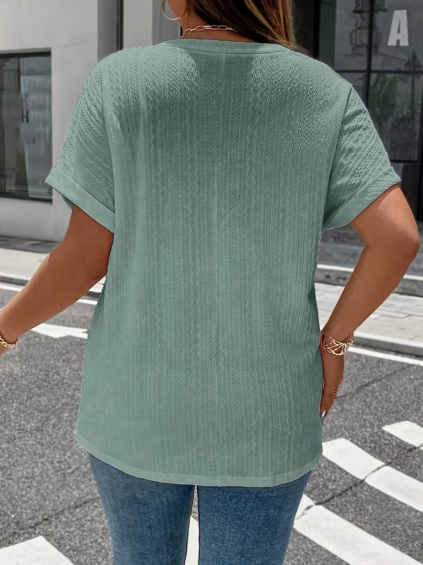 plus size solid textured t shirt casual v neck short sleeve t shirt womens plus size clothing details 5