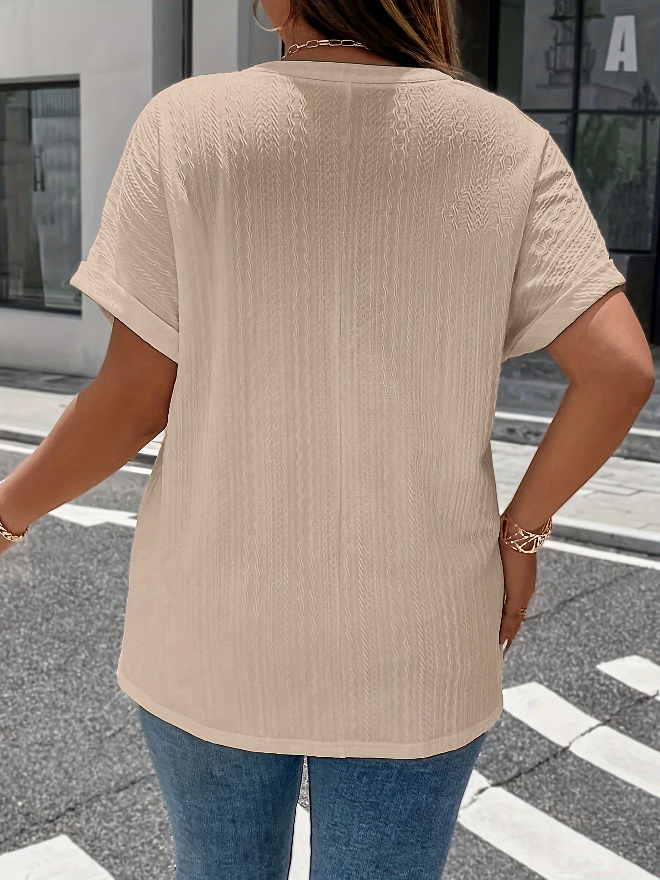 plus size solid textured t shirt casual v neck short sleeve t shirt womens plus size clothing details 8