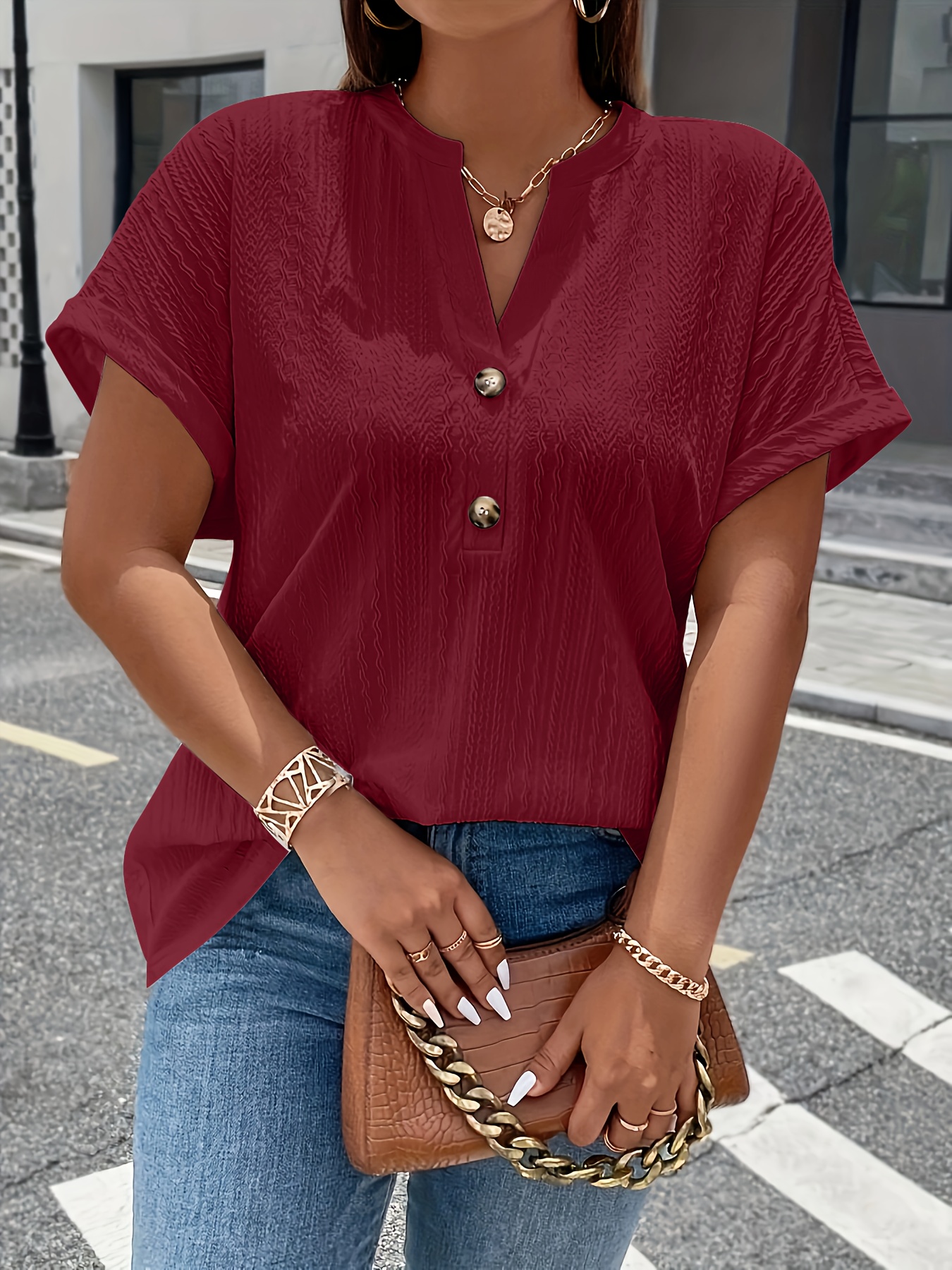 plus size solid textured t shirt casual v neck short sleeve t shirt womens plus size clothing details 10