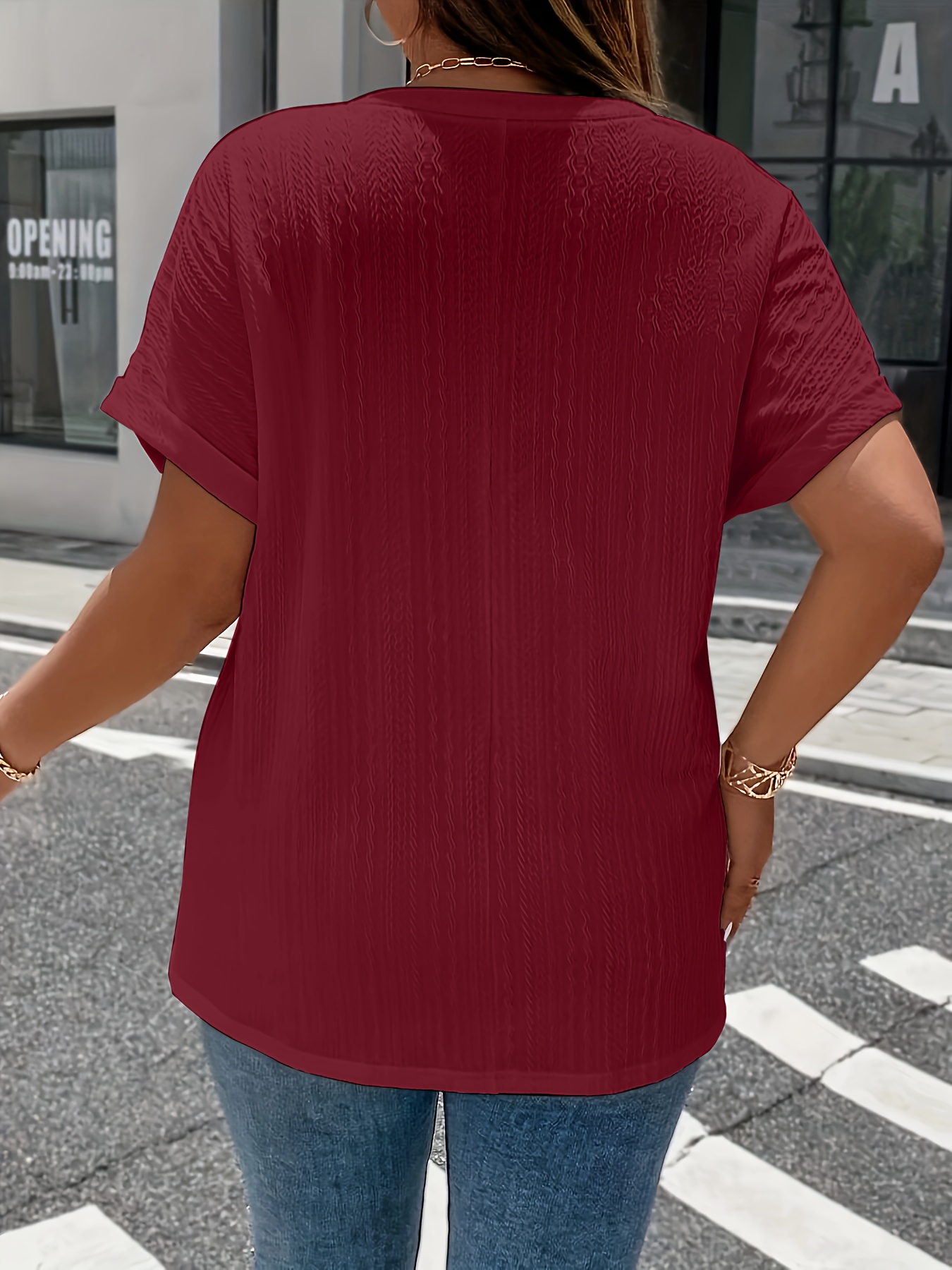plus size solid textured t shirt casual v neck short sleeve t shirt womens plus size clothing details 11