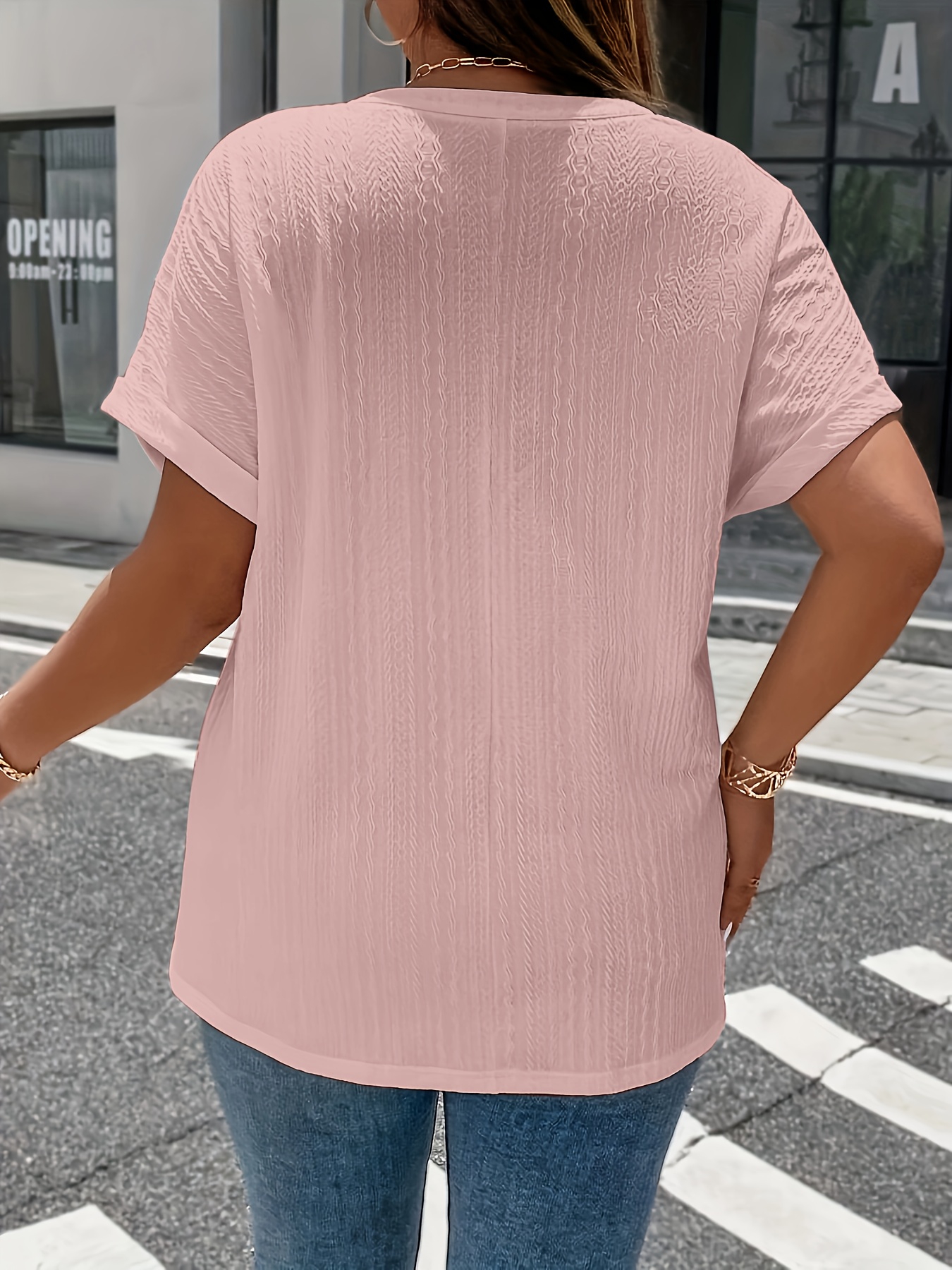 plus size solid textured t shirt casual v neck short sleeve t shirt womens plus size clothing details 14