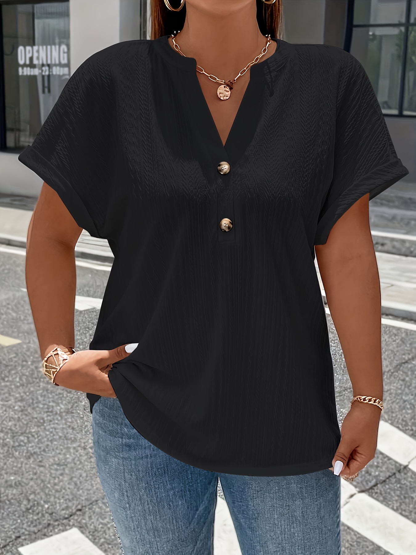 plus size solid textured t shirt casual v neck short sleeve t shirt womens plus size clothing details 15
