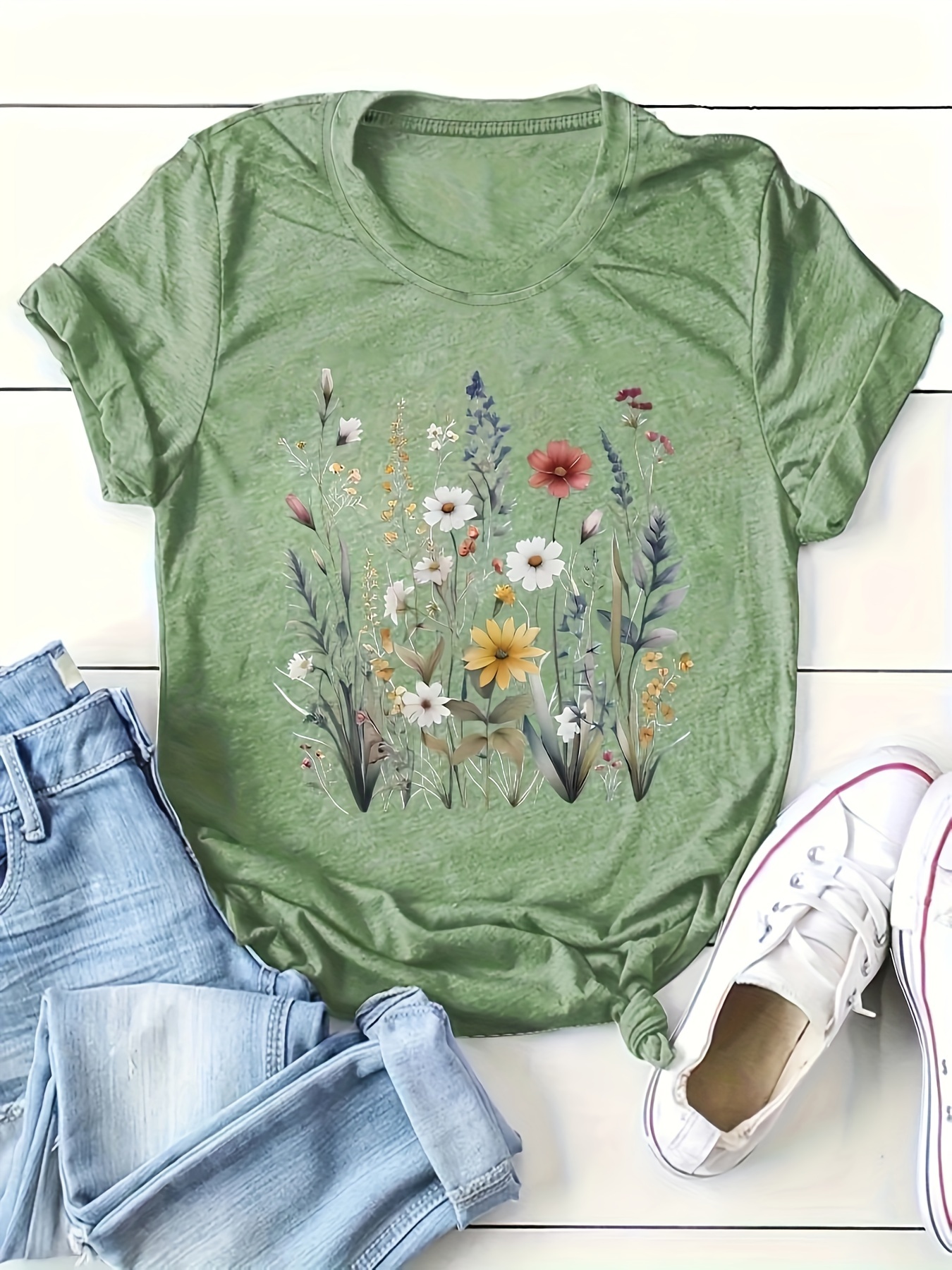 plus size flower print t shirt casual short sleeve crew neck top for spring summer womens plus size clothing details 3