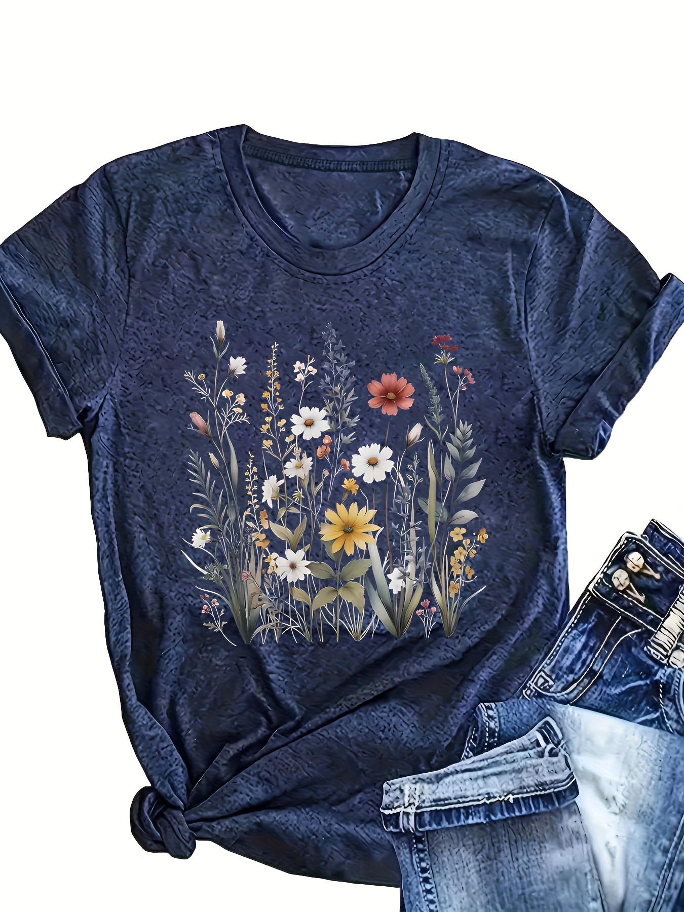 plus size flower print t shirt casual short sleeve crew neck top for spring summer womens plus size clothing details 19