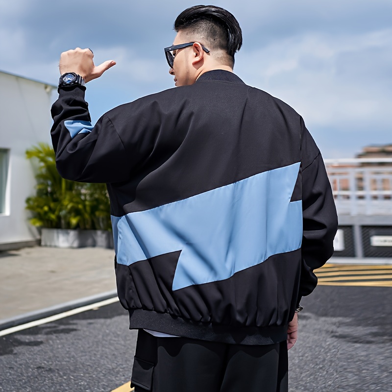 plus size mens contrast color baseball jacket oversized fashion band collar jacket for fall winter mens clothing details 2