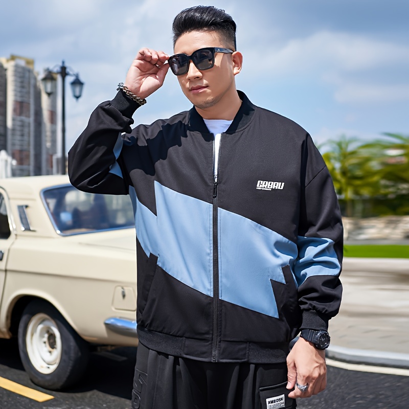 plus size mens contrast color baseball jacket oversized fashion band collar jacket for fall winter mens clothing details 3