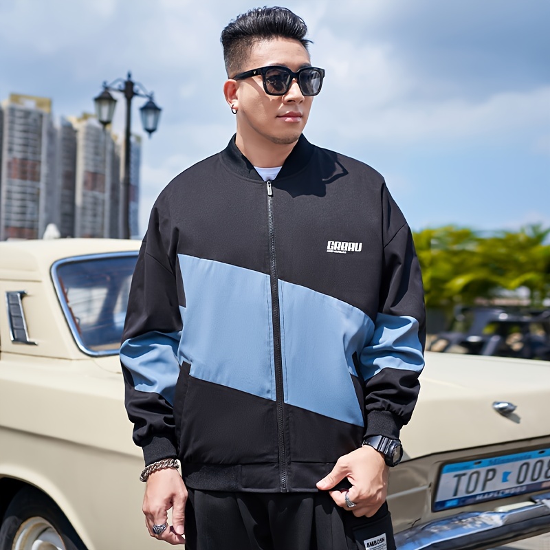 plus size mens contrast color baseball jacket oversized fashion band collar jacket for fall winter mens clothing details 4